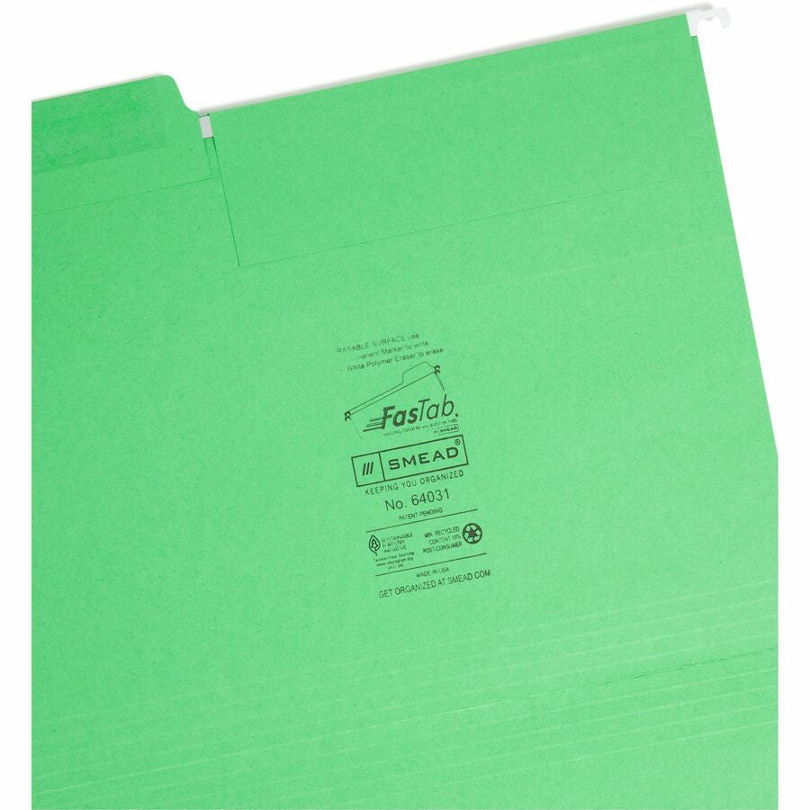 Smead FasTab 1/3 Tab Cut Letter Recycled Hanging Folder - 8 1/2’’ x 11’’ - Top Location - Assorted Position - 11 pt.