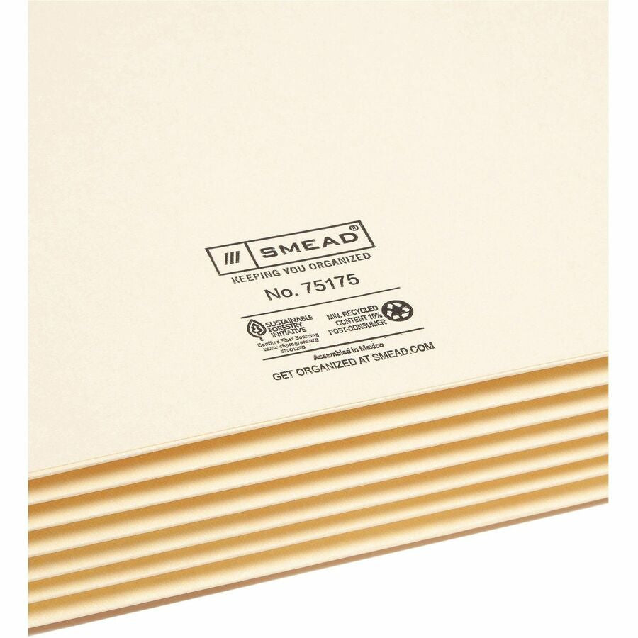 Smead Letter Recycled File Pocket - 8 1/2’’ x 11’’ - 5 1/4’’ Expansion - 2 Plys - Manila - Reinforced Tab - 10% - 10