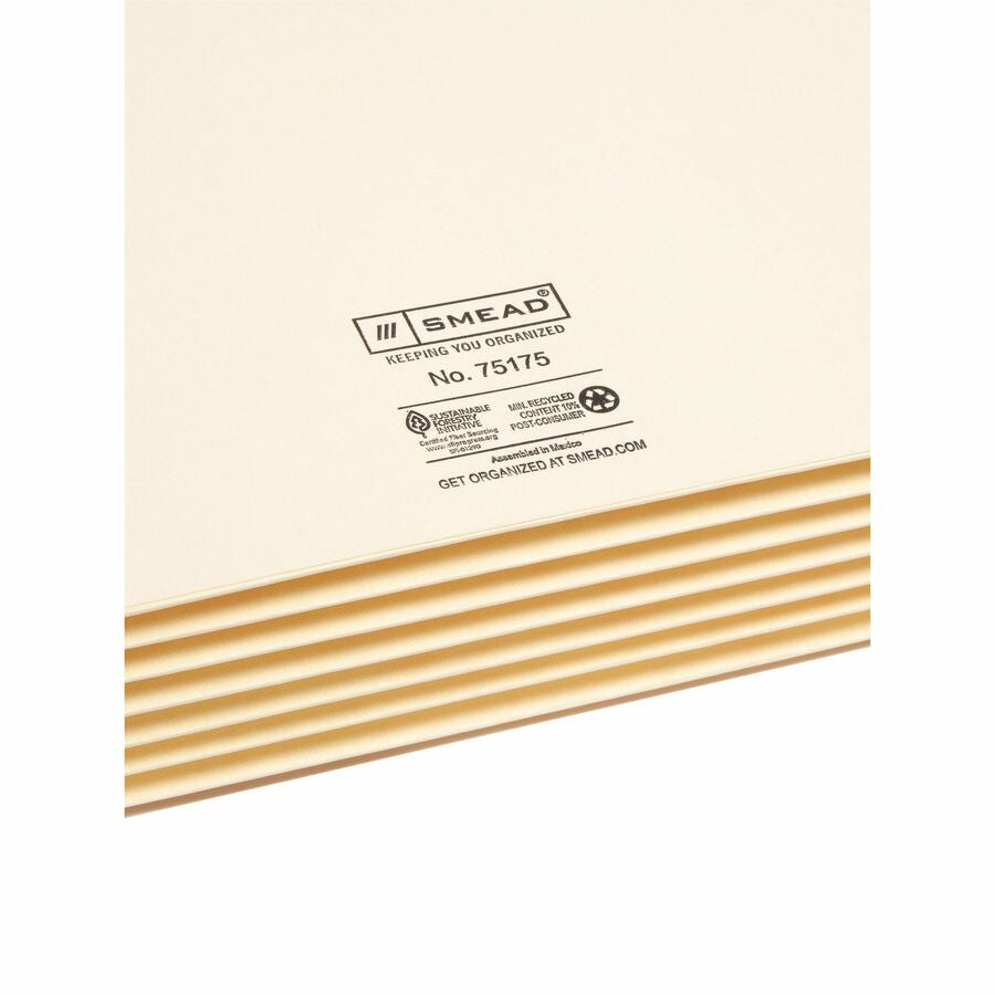 Smead Letter Recycled File Pocket - 8 1/2’’ x 11’’ - 5 1/4’’ Expansion - 2 Plys - Manila - Reinforced Tab - 10% - 10