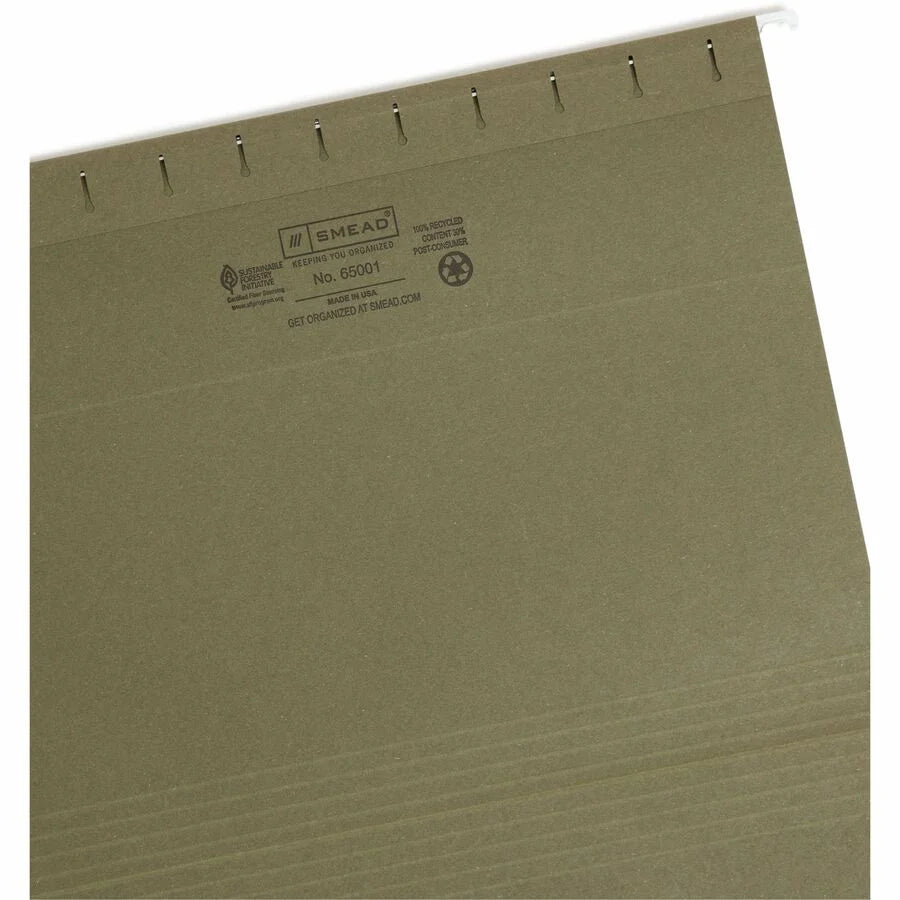 Smead Recycled Hanging Folders - Letter Size - Top Tab - Assorted Position - Vinyl - Standard Green - 25/Box - &