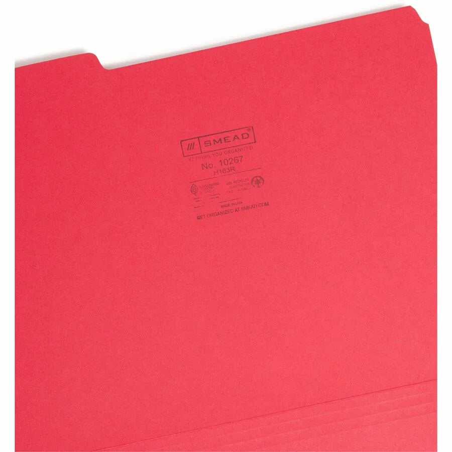 Smead Recycled Interior File Folders - 1/3 Tab Cut - Red - 100/Box - Top
