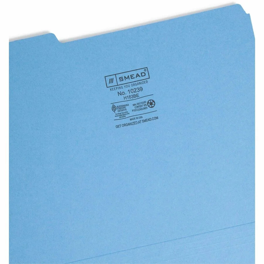 Smead Recycled Interior File Folders - Letter Size - Blue - 100/Box - Top Tab
