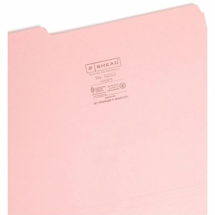 Smead Recycled Interior File Folders - Pink - 100/Box - Top Tab
