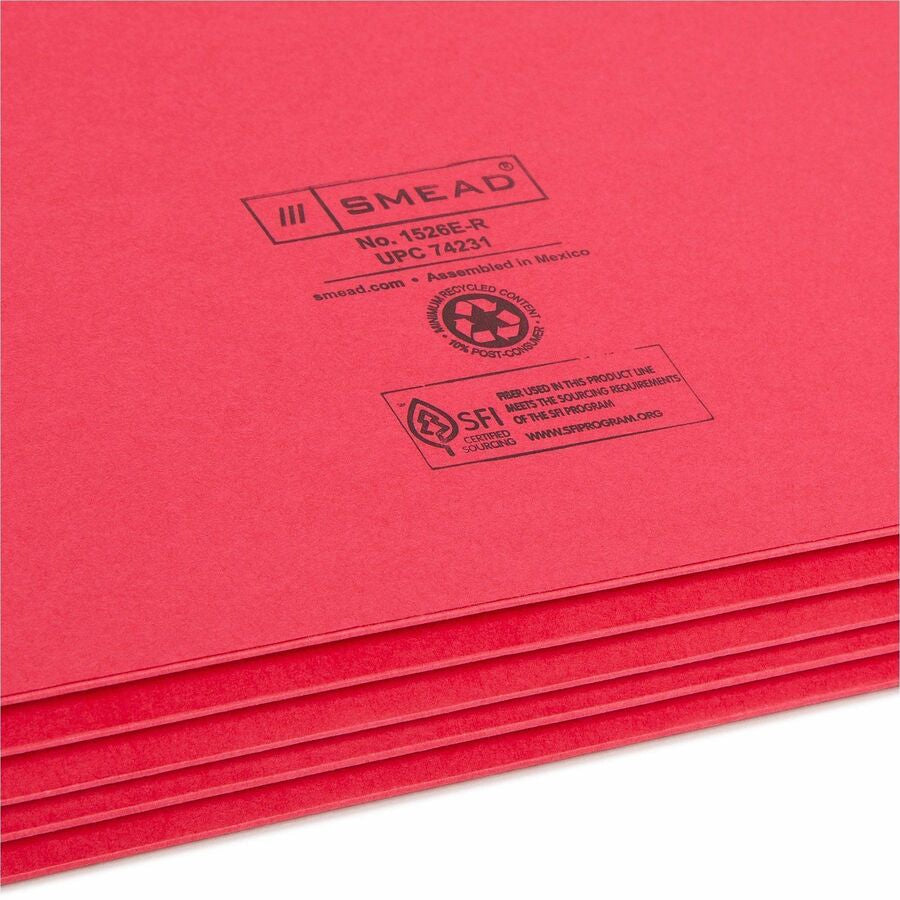 Smead Straight Tab Cut Legal Recycled File Pocket - 8 1/2’’ x 14’’ - 3 Expansion - Top Location - Red - Tear Resistant