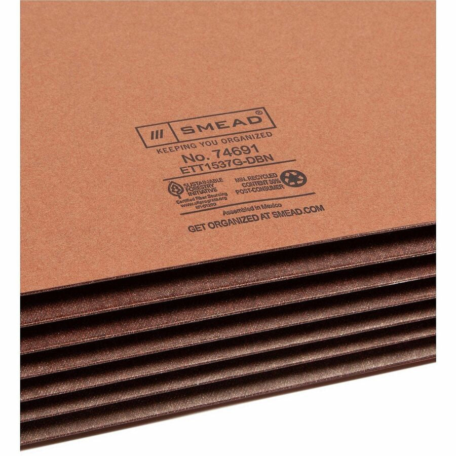 Smead Straight Tab Cut Legal Recycled File Pocket - 8 1/2’’ x 14’’ - 5 1/4’’ Expansion - End Location - 12.5 pt. - 2