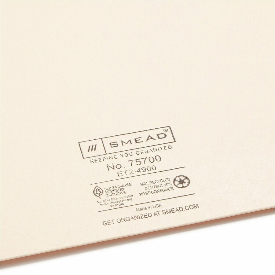 Smead Straight Tab Cut Letter Recycled File Jacket - 8 1/2’’ x 11’’ - 11 pt. - 2 Plys - Manila - 10% - 100 / Box - End