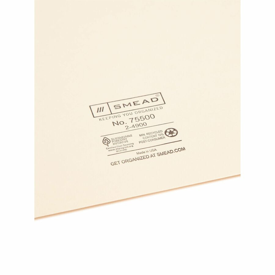 Smead Straight Tab Cut Letter Recycled File Jacket - 8 1/2’’ x 11’’ - 11 pt. - 2 Plys - Manila - Reinforced Slip