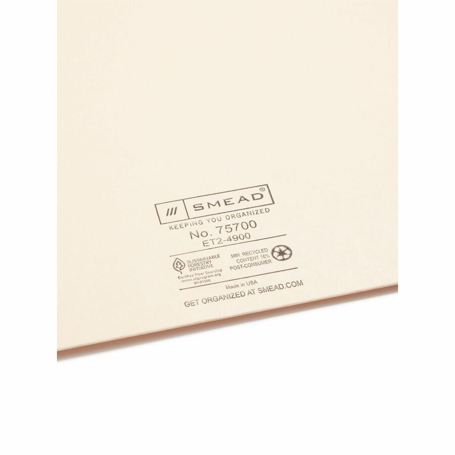 Smead Straight Tab Cut Letter Recycled File Jacket - 8 1/2’’ x 11’’ - 11 pt. - 2 Plys - Manila - 10% - 100 / Box - End