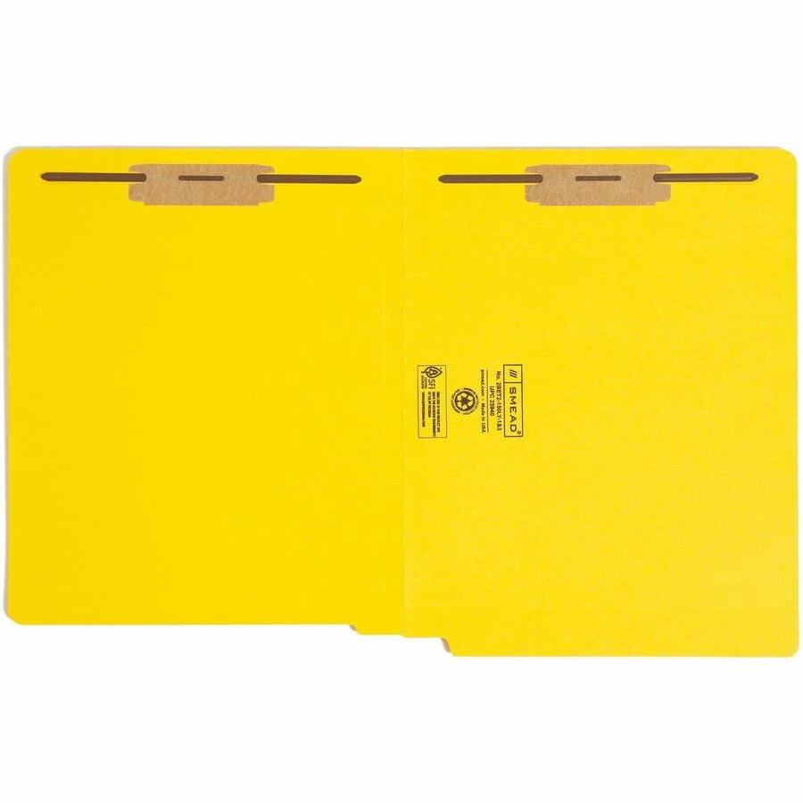 Smead Yellow Fastener Folder - 8.5’’ x 11’’ - Heavyweight - 50/Box - End Tab Folders