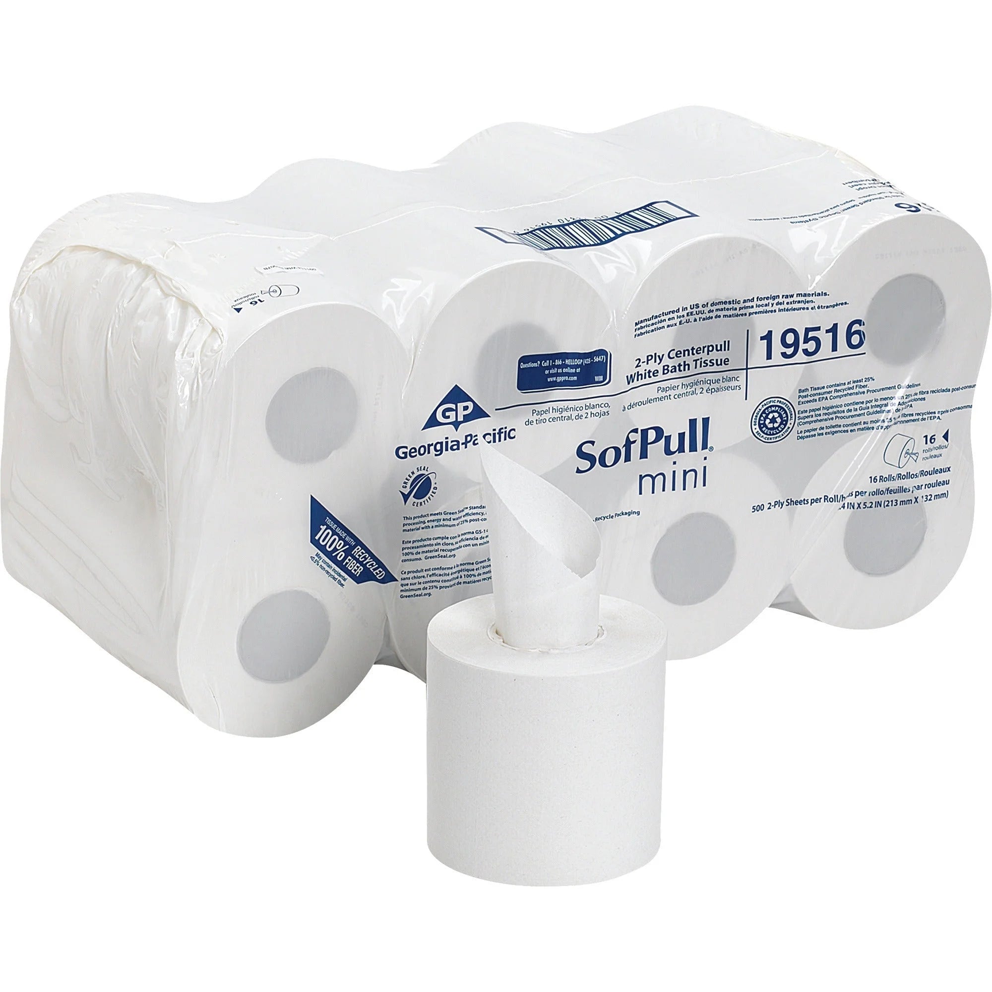 SofPull Mini Toilet Paper: 2-Ply 5.25’’x8.50’’ 500 Sheets/Roll - White Fiber - 16 Rolls - Bathroom Tissue