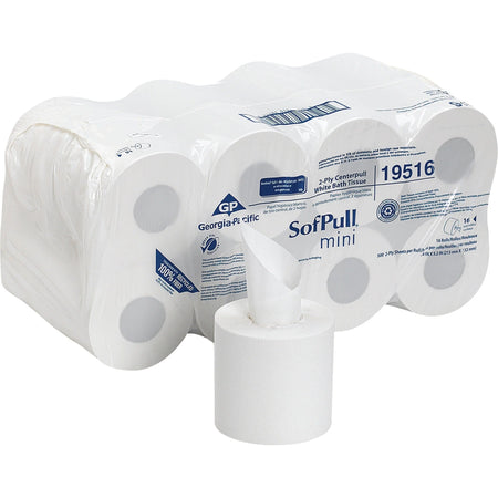 SofPull Mini Toilet Paper: 2-Ply 5.25’’x8.50’’ 500 Sheets/Roll - White Fiber - 16 Rolls - Bathroom Tissue