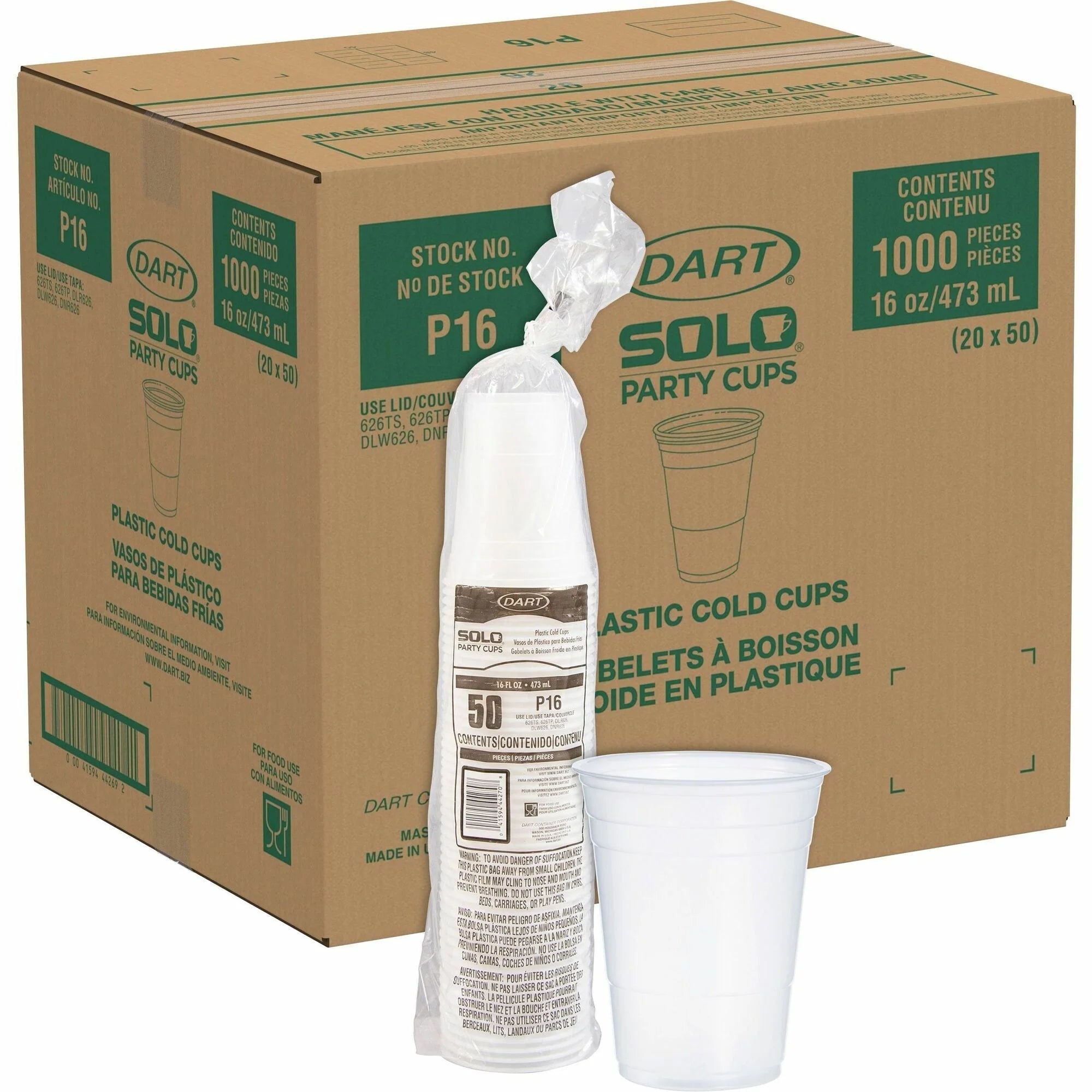 Solo 16 oz Plastic Cold Party Cups fl Translucent 20 / Carton Round Polystyrene (SCCP16)