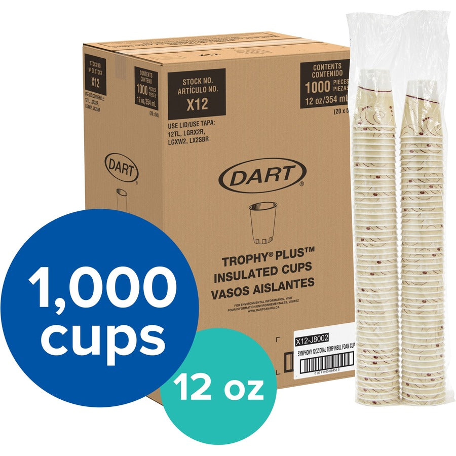 Solo Trophy Plus 12 oz Symphony Insulated Hot/Cold Cups - fl - Beige - Foam - Hot Drink Cold Beverage - 100/Pack