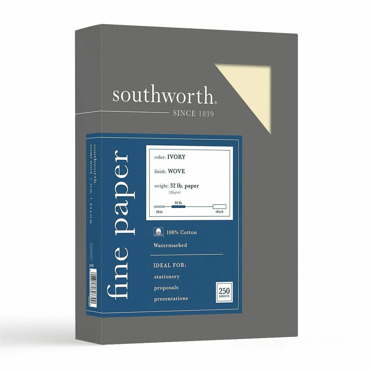 Southworth 100% Cotton Business Paper 8 1/2’’ x 11’’ Ivory 250 / Box Letter 32 lb Basis Weight Wove Acid-free
