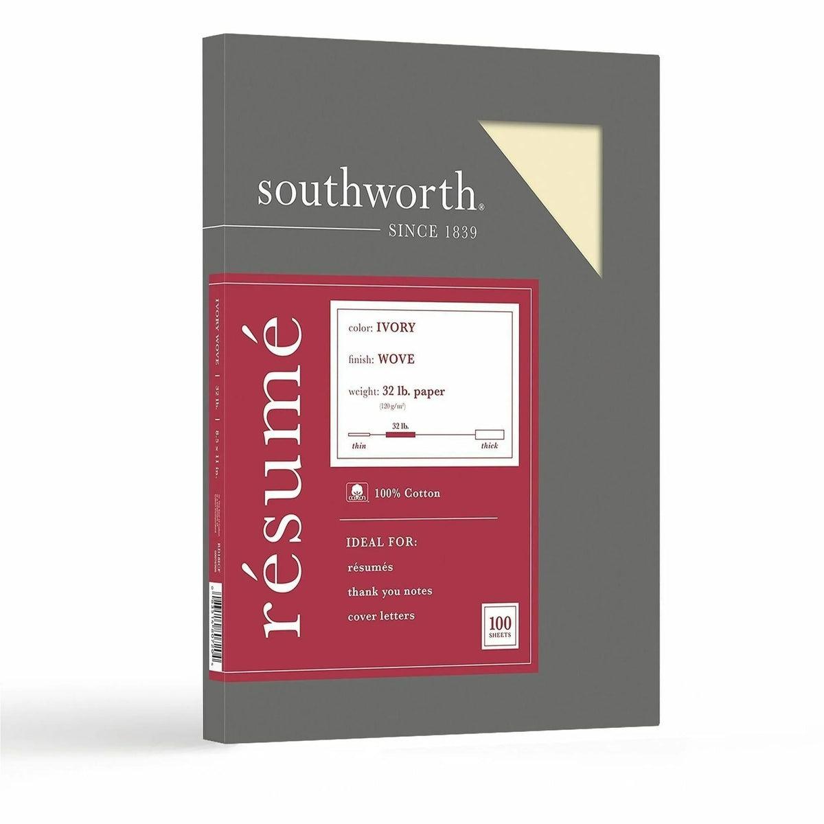 Southworth 100% Cotton Resume Paper: Premium Ivory Wove Acid-Free - 32 lb - 100 Sheets - Specialty Paper