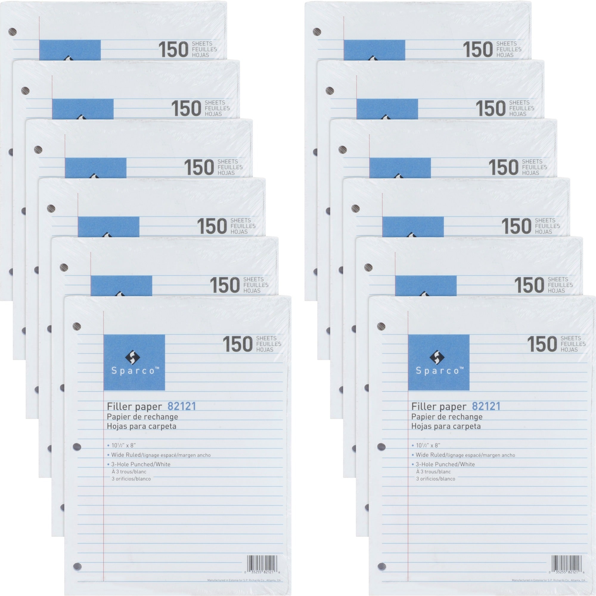 Sparco 3HP Filler Paper - 1800 Sheets - Wide Ruled Front Ruling - 16 lb Basis Weight - 8’’ x 10 1/2’’ Sheet Size - White