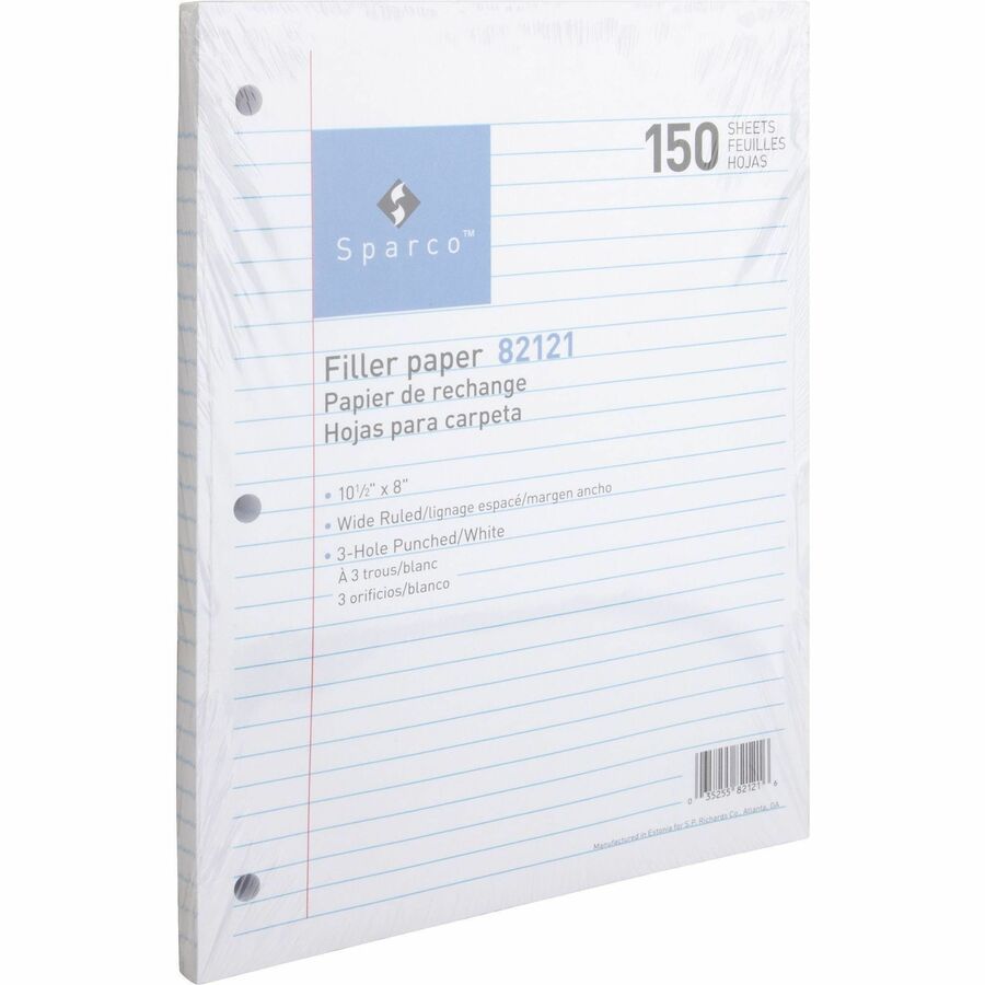 Sparco 3HP Filler Paper - 1800 Sheets - Wide Ruled Front Ruling - 16 lb Basis Weight - 8’’ x 10 1/2’’ Sheet Size - White