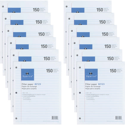 Sparco 3HP Filler Paper: College Ruled 1800 Sheets 8’’ x 10 1/2’’ - White 16 lb - 150/Pack - Paper