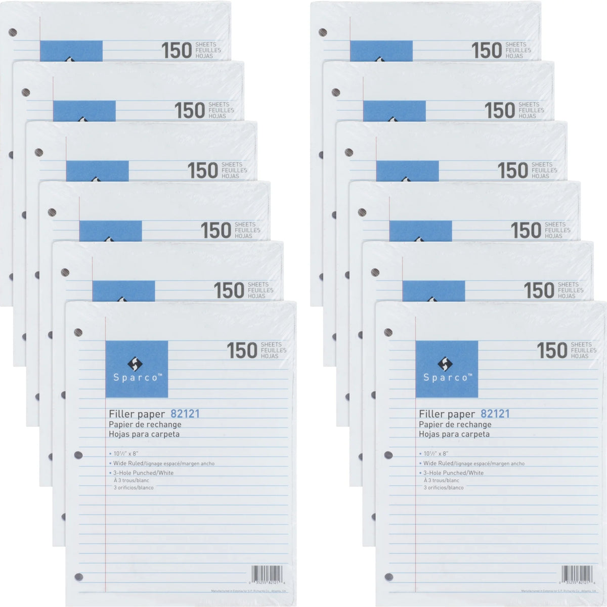 Sparco 3HP Filler Paper - 1800 Sheets - Wide Ruled Front Ruling - 16 lb Basis Weight - 8’’ x 10 1/2’’ Sheet Size - White