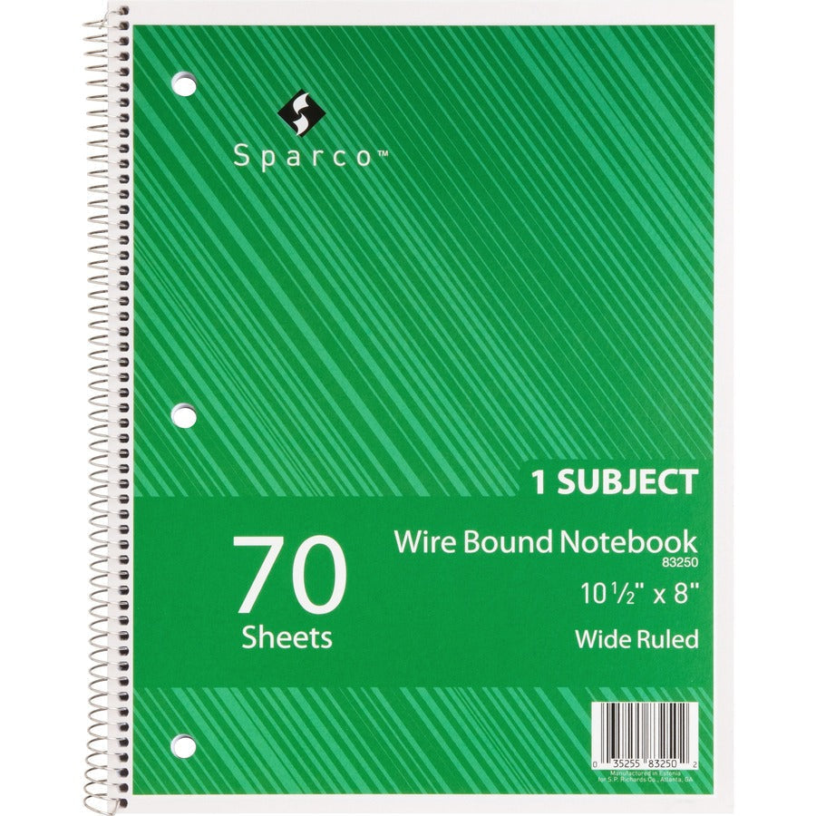 Sparco Quality 3HP Notebook - 1 Subject(s) - 70 Sheets - Wire Bound - Wide Ruled Front Ruling - Unruled Margin