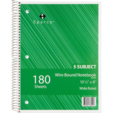 Sparco 3HP Notebook - 5 Subjects 180 Sheets - Wide Ruled - Bright White Paper - Notebooks