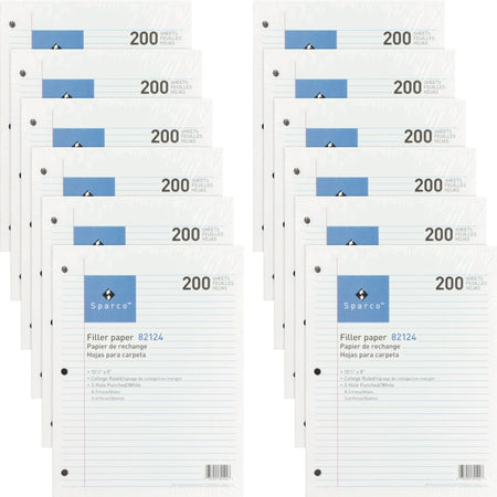 Sparco 3-hole Punched Filler Paper - 2400 Sheets - College Ruled Front Ruling - Red Margin - 16 lb Basis Weight