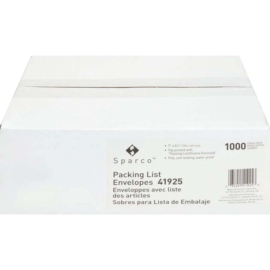 Sparco Packing Slip Envelope: 7x5.5’’ Self-Adhesive Seal White - 1000/Box - Forms/Envelopes