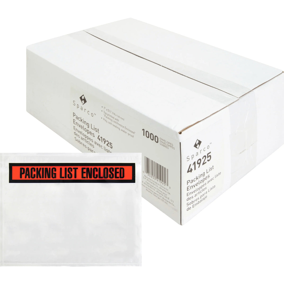 Sparco Packing Slip Envelope: 7x5.5’’ Self-Adhesive Seal White - 1000/Box - Forms/Envelopes