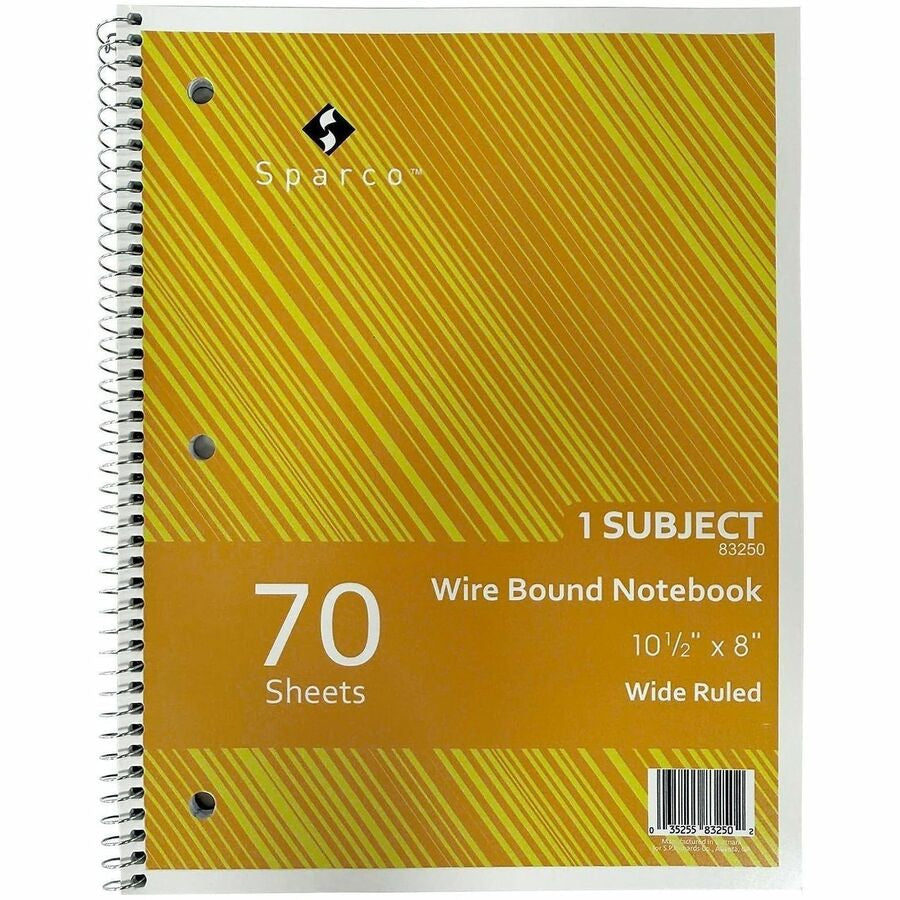 Sparco Quality 3HP Notebook - 1 Subject(s) - 70 Sheets - Wire Bound - Wide Ruled Front Ruling - Unruled Margin