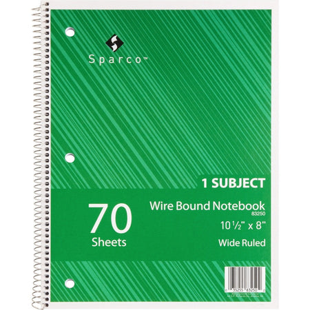 Sparco Quality 3HP Notebook - 1 Subject(s) - 70 Sheets - Wire Bound - Wide Ruled Front Ruling - Unruled Margin