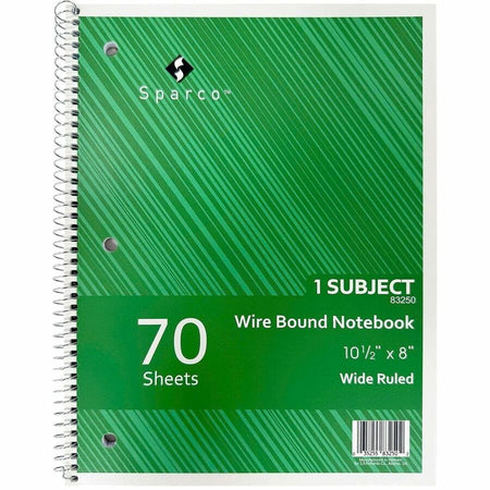 Sparco Quality 3HP Notebook - 1 Subject(s) - 70 Sheets - Wire Bound - Wide Ruled Front Ruling - Unruled Margin