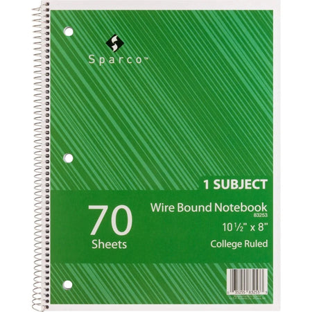 Sparco Wirebound Notebooks - 70 Sheets - Wire Bound - College Ruled Front Ruling - Unruled Margin - 16 lb Basis Weight