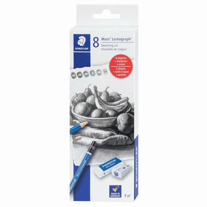 Staedtler Mars Lumograph Graphite Pencil Set - Premium Blue Barrel - 8 Pencils