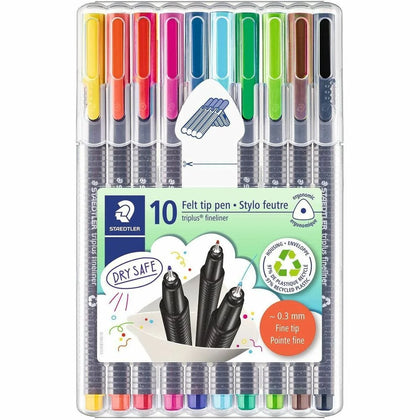 Staedtler Triplus Fineliner Pens - 10-piece Set 0.3mm Fine Point - Water Based Ink