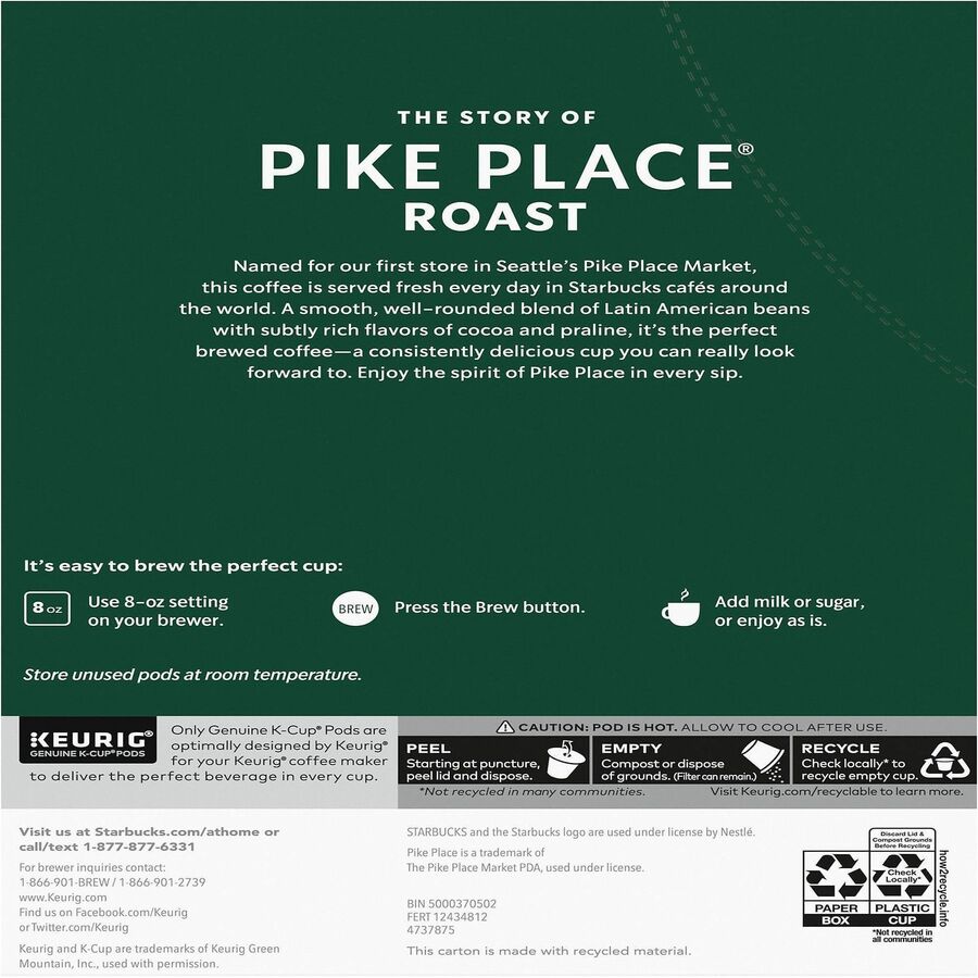 Starbucks® K-Cup Pike Place Roast Coffee - Compatible with Keurig Brewer - Medium - 24/Box