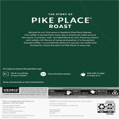 Starbucks® K-Cup Pike Place Roast Coffee - Compatible with Keurig Brewer - Medium - 24/Box