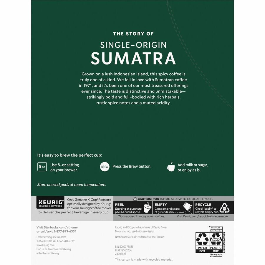 Starbucks® K-Cup Sumatra Coffee - Compatible with Keurig Brewer - Dark - 24 / Box