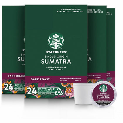 Starbucks Sumatra Blend Coffee K-Cups - Dark Roast - 24 K-Cup Pack - 4 Carton