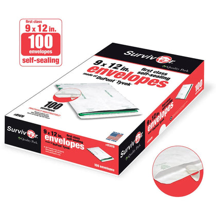 Survivor® Tyvek First Class Mailers - Self-Seal Closure - 9x12 - White - 100/Box