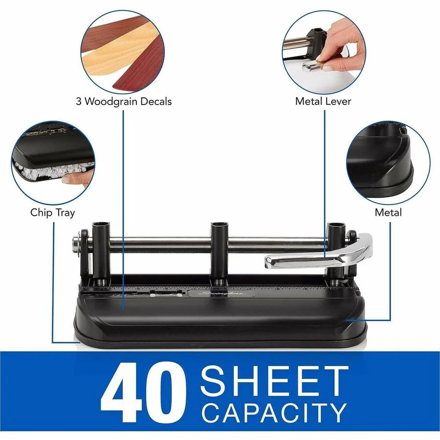 Swingline Heavy-Duty Punch: 7 Punch Heads 40-Sheet Capacity - Black Chrome Woodgrain - Paper Punches