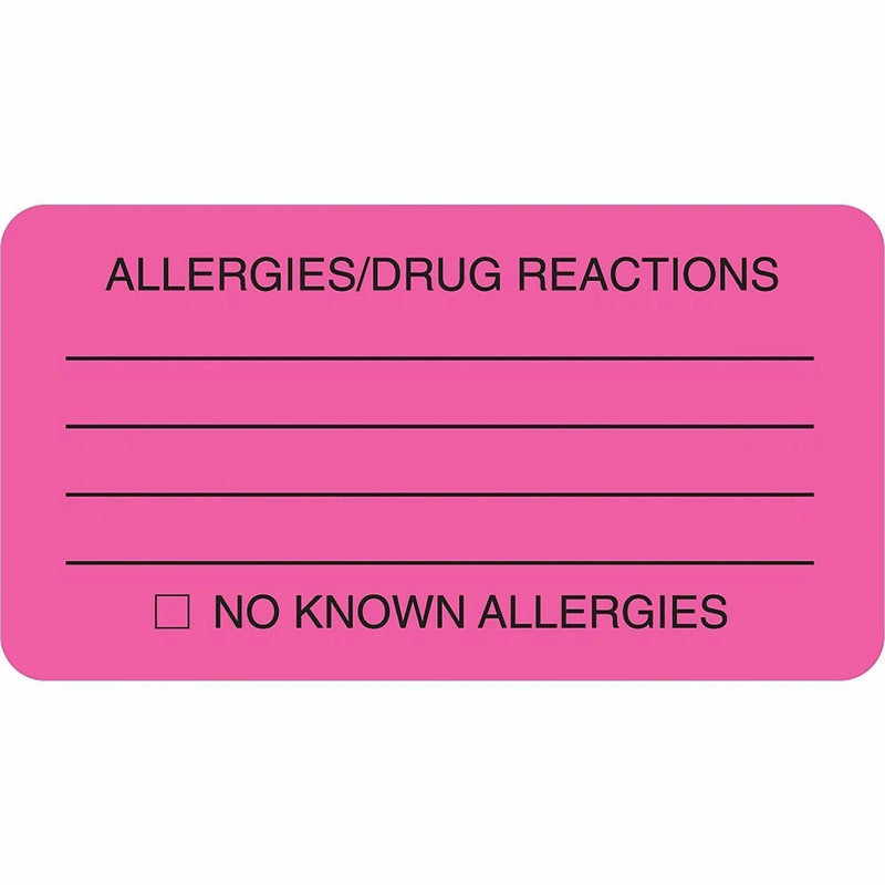 Tabbies ALLERY/DRUG REACTIONS Alert Labels - 3 1/4’’ Width x 1 3/4’’ Length - Pink - 250 / Roll - Medical