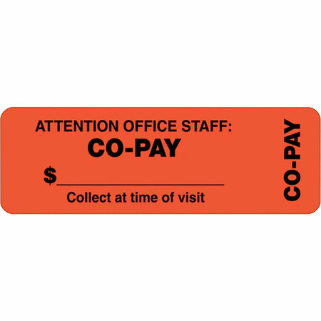 Tabbies CO-PAY Wrap Labels 3’’ Width x 1’’ Length 500 / Roll Rectangle Fluorescent Red Orange (TAB40566) - Medical