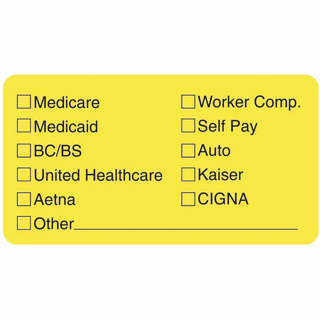 Tabbies Medical Office Insurance Check Labels - 1 3/4’’ Width x 3 1/4’’ Length - Yellow - 250 / Roll