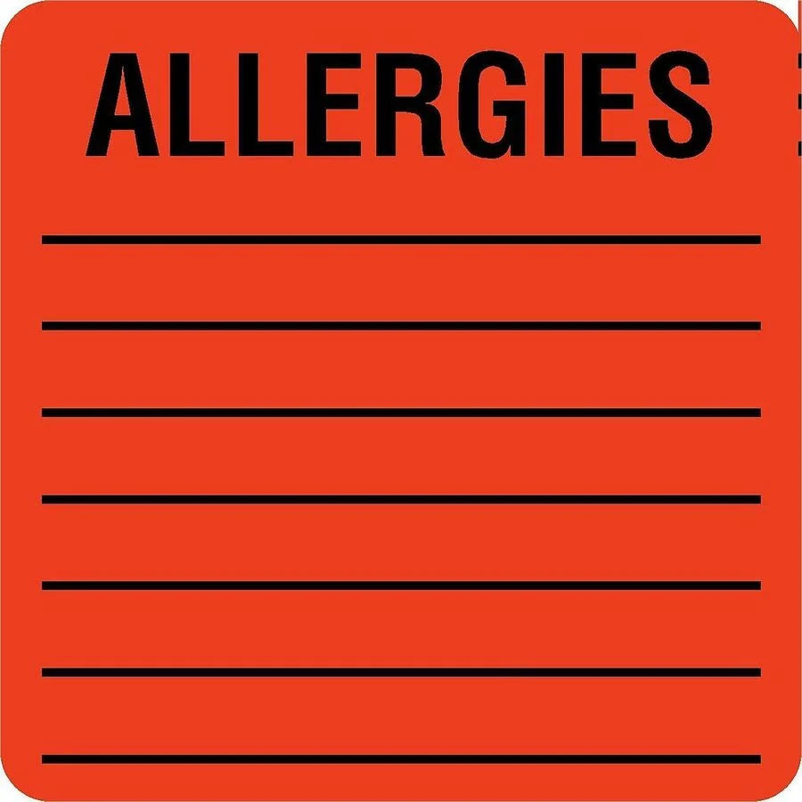 Tabbies Square ALLERGIES Labels - 2’’ Width x Length - Permanent Adhesive - Fluorescent Red - Self-adhesive - Medical