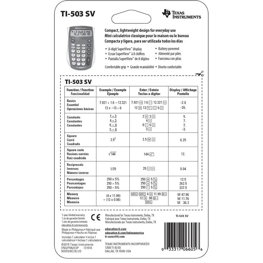 Texas Instruments TI503 SuperView Pocket Calculator - 8-Digit LCD Display - Calculators
