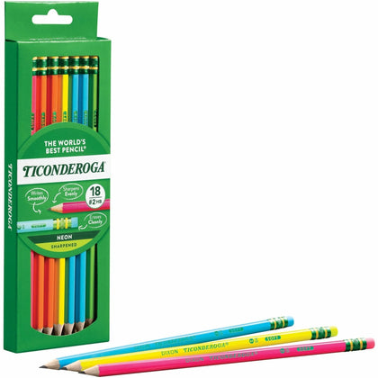Ticonderoga Neon Pre-Sharpened No. 2 Pencils - Assorted Lead - Broad Point - 18/Box