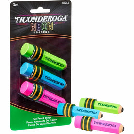 Ticonderoga Pencil-Shaped Erasers: Neon Assorted 3-Pack - Erasers