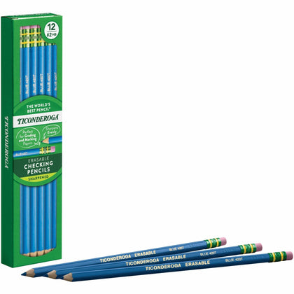 Ticonderoga Pre-Sharpened Erasable Checking Pencils - Blue Lead - HB - 1 Dozen - Specialty Marking & Colored