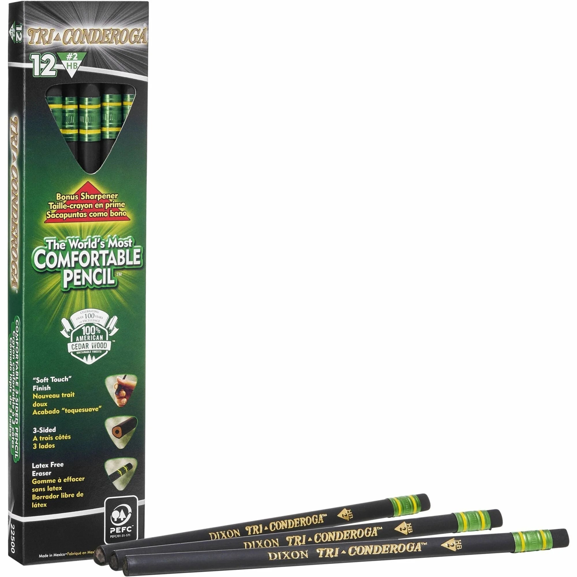 Ticonderoga Tri-Conderoga Pencils with Sharpener - 2HB - Black Barrel - 12/Box