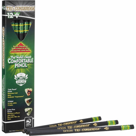 Ticonderoga Tri-Conderoga Pencils with Sharpener - 2HB - Black Barrel - 12/Box